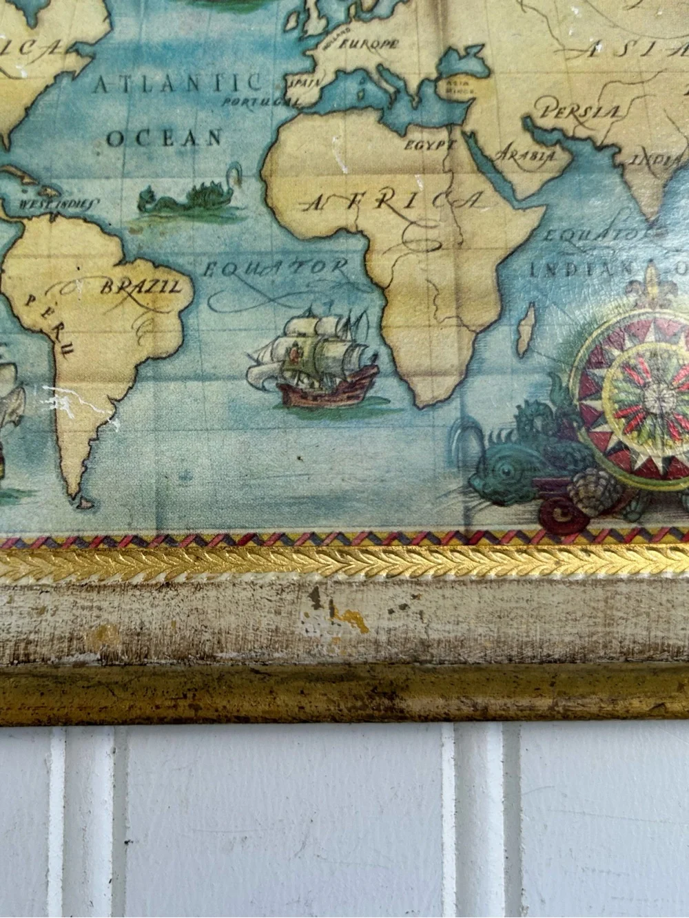 Vintage Map Sears World Accent Plaque Blue Cream Gold Gallery Wall 6x8